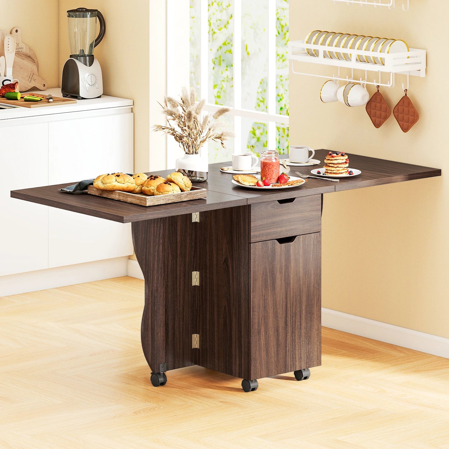 HOMASIS Folding Dining Table With Lockable Wheels And 2 Drawers
