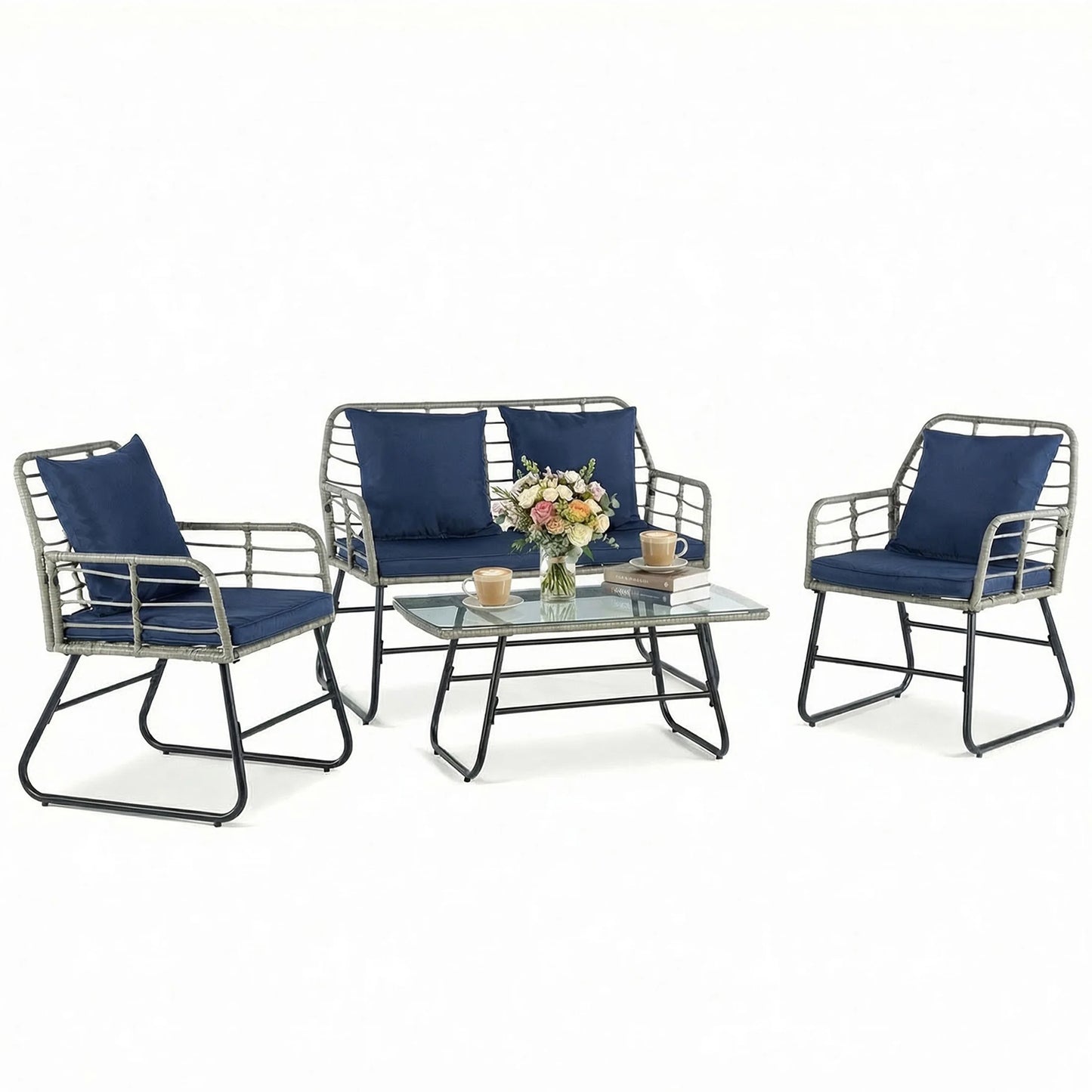 Outdoor Wicker Patio Furniture Set with Cushions and Glass Table