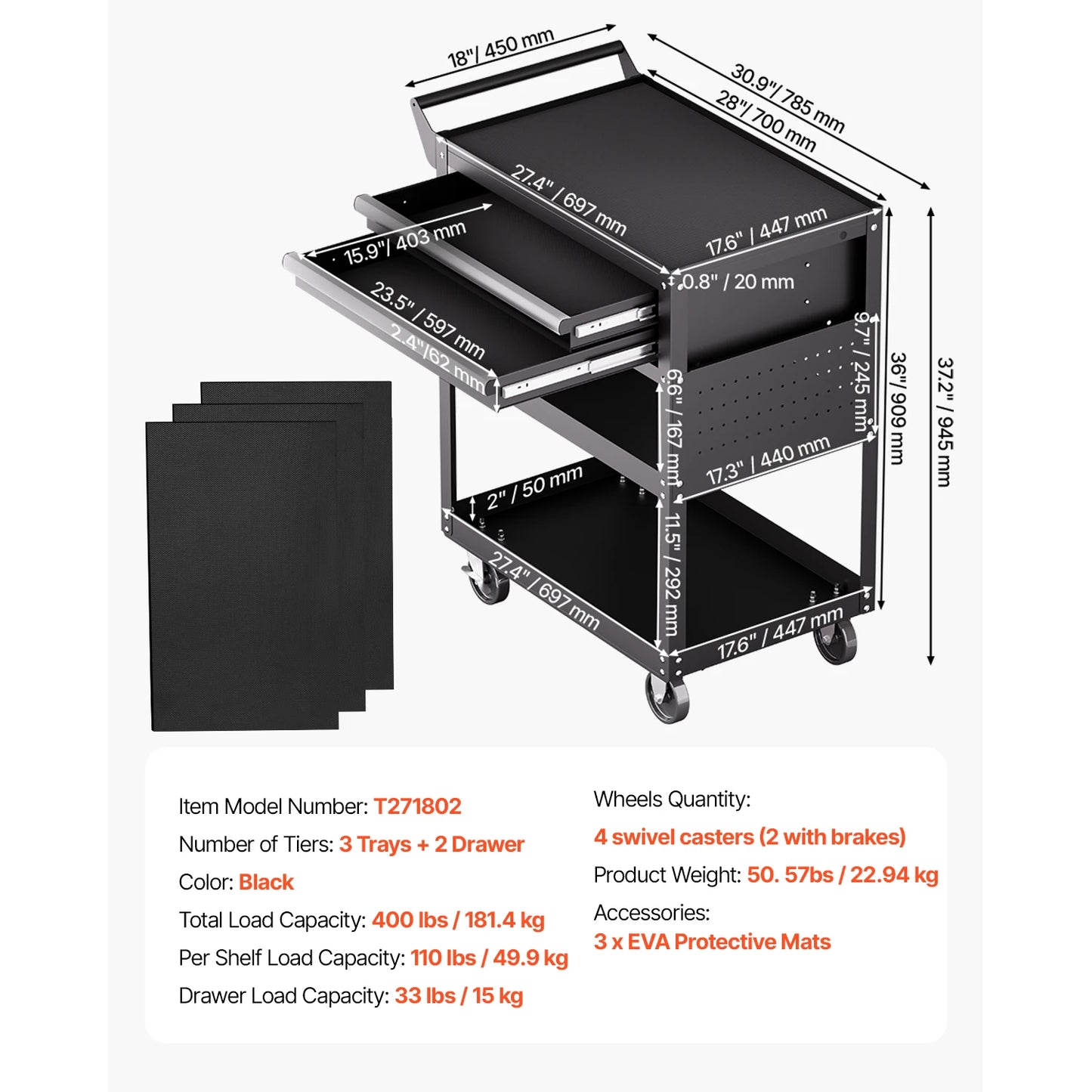 5-Tier Tool Chest Rolling Cart With Locking And Pegboard Storage