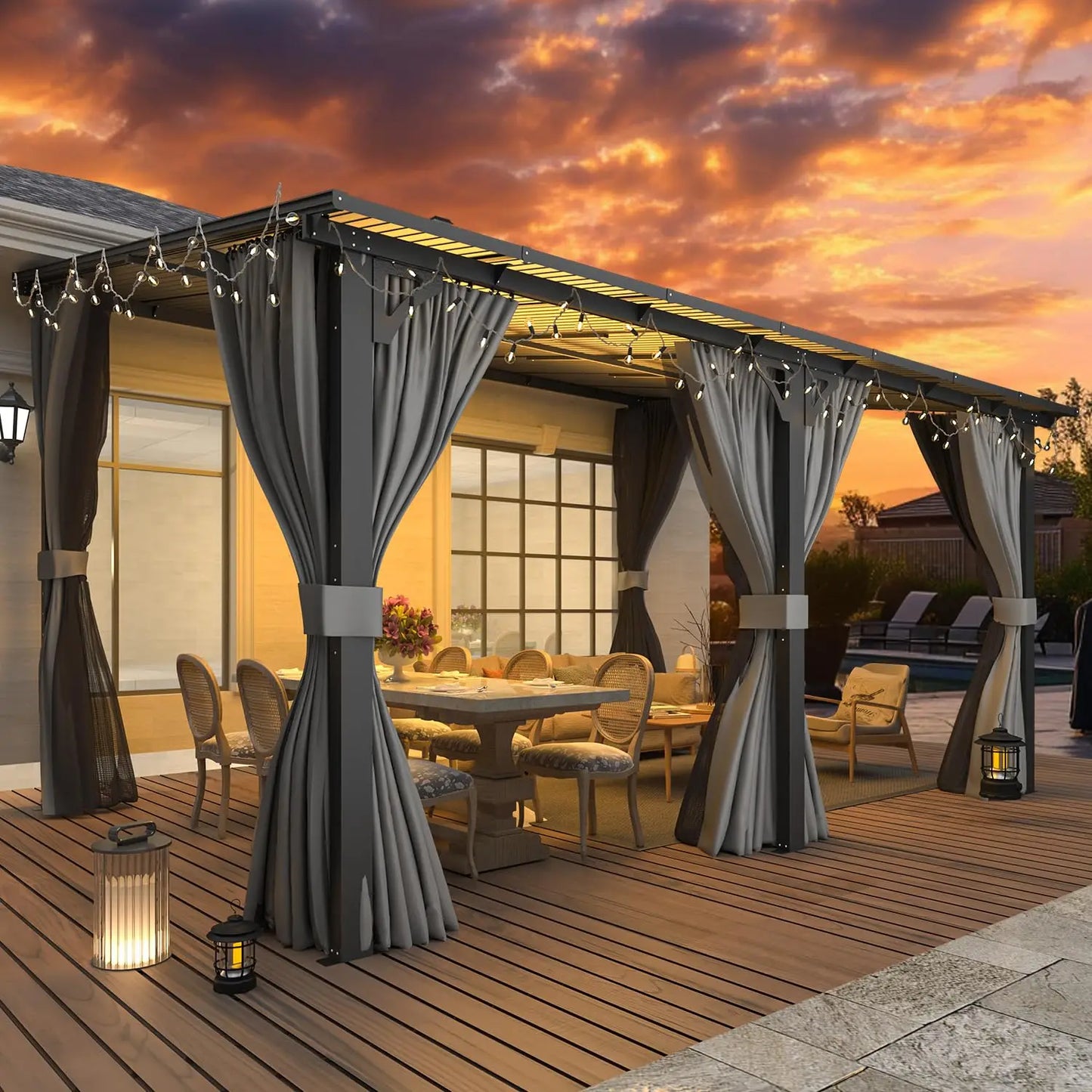 Lean To Hardtop Gazebo Curtains And Netting Wall Outdoor Shelter