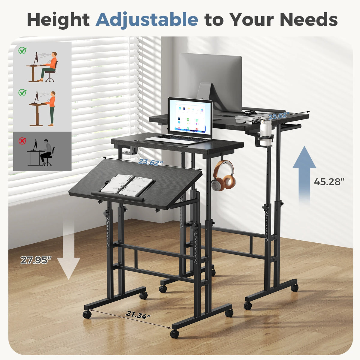 MCQ Rolling Height Adjustable Standing Computer Desk for Home Office