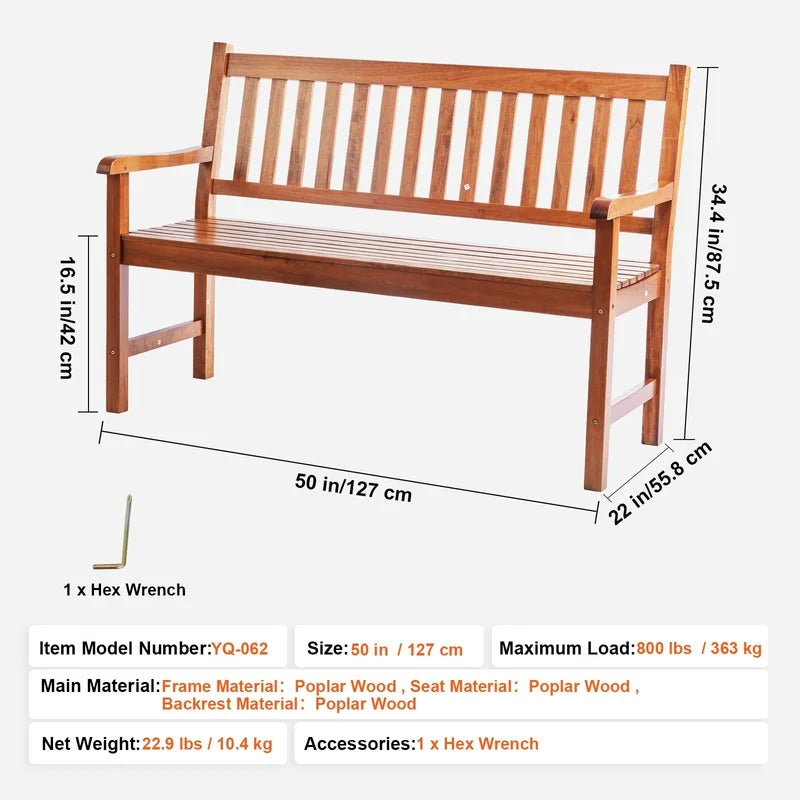 50" Wood Garden Bench with Backrest and Armrests, 800 lbs Capacity, Outdoor Patio Bench for Yard, Park, Front Porch