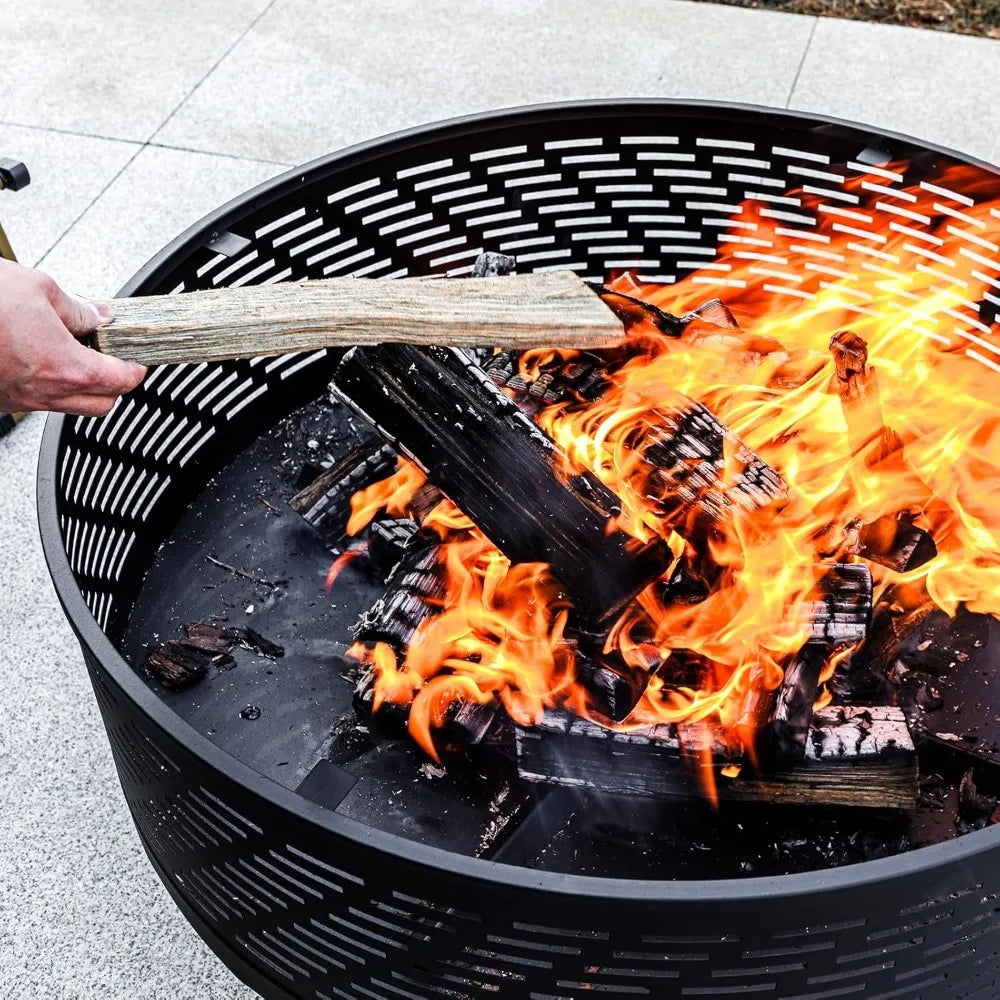 32" Wood Burning Fire Pit with Grill & Lid, Outdoor Firepit Table for BBQ, Bonfire, Patio Heater, Waterproof Cover