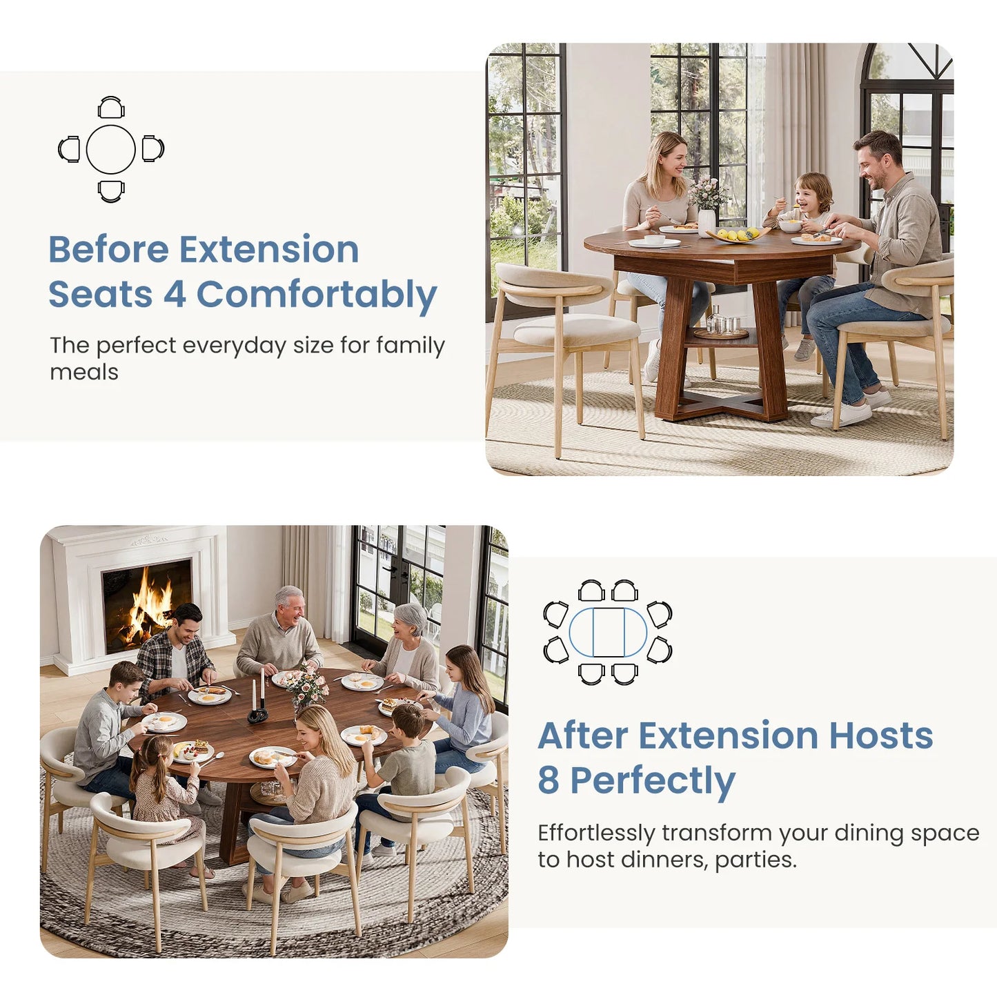JHK Extendable Wood Round Dining Table With Storage Shelf