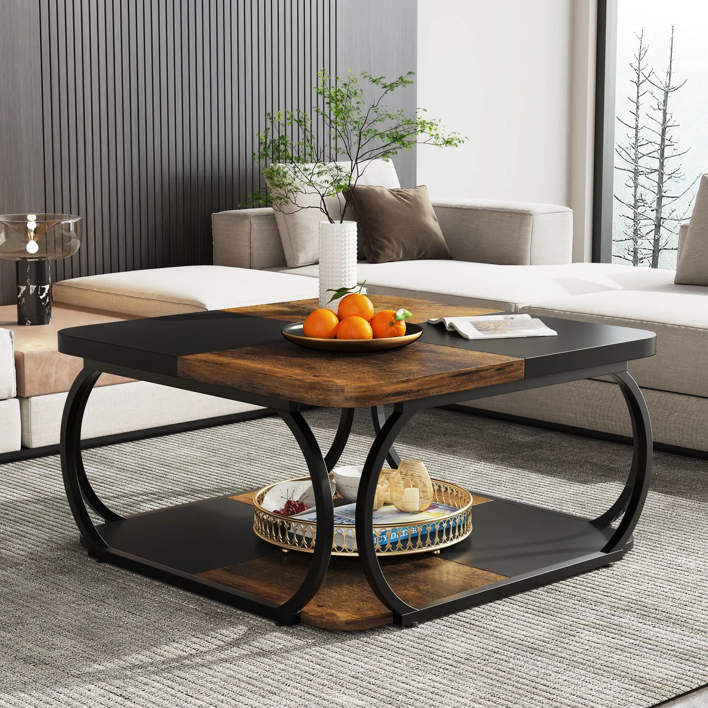 Tribesigns Square Coffee Table With Two Tiers And Metal Frame