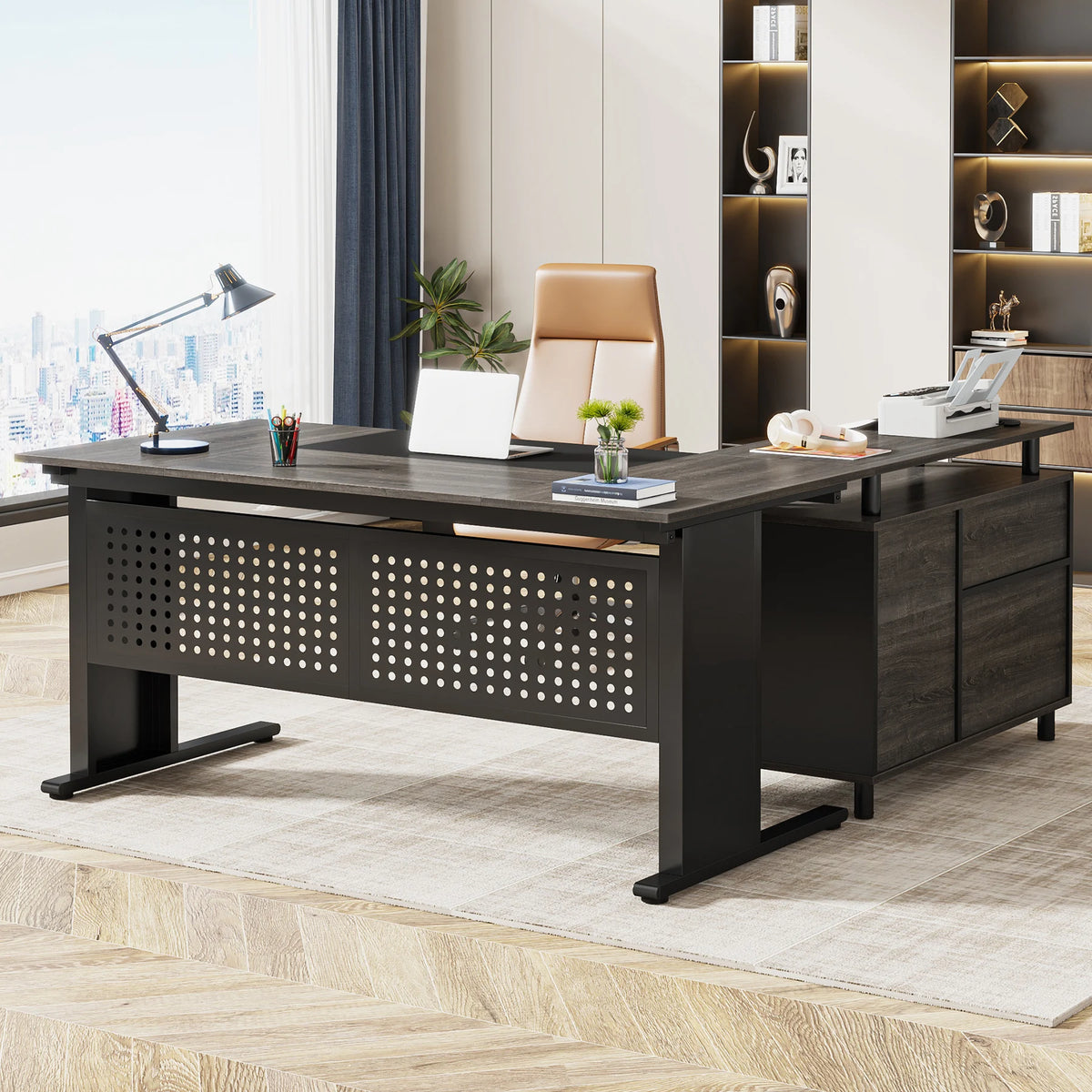 Tribesigns Executive Office Desk With File Cabinet And Storage Shelves