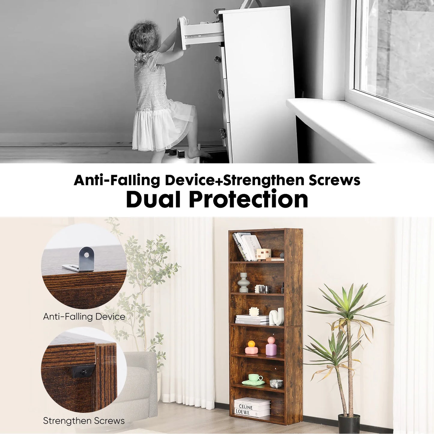 JHK Wooden Shelf Bookcase 6 Tier Floor Standing Open Bookshelf