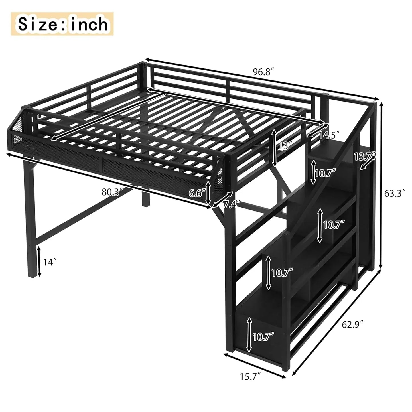 Queen Size Loft Bed with Stairs, Storage Shelves and Built-in Wardrobe, Metal Loft Bed Frame with USB Ports and LED Lights (Blac