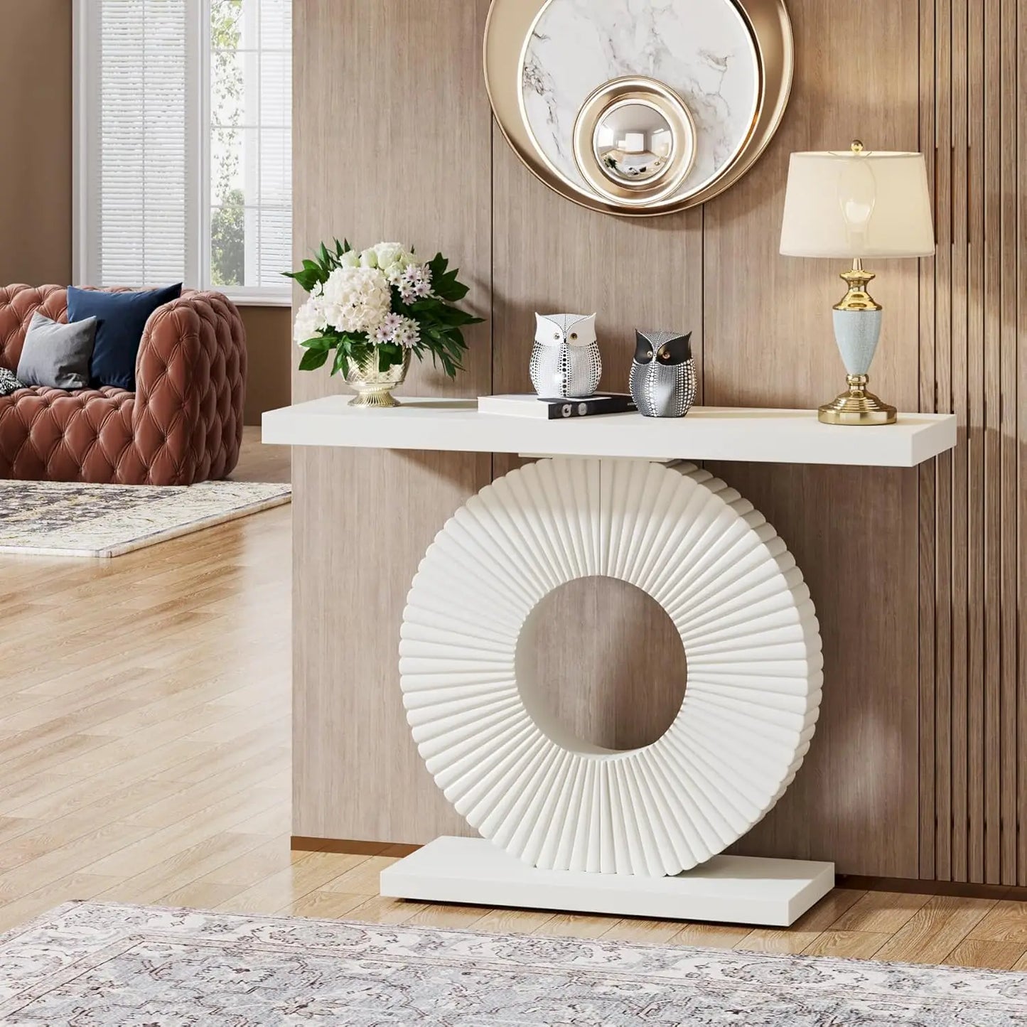 LITTLE TREE Modern Console Table with Geometric Base, 40 inch Wood Entryway Table,Accent Table for Living Room, Entryway