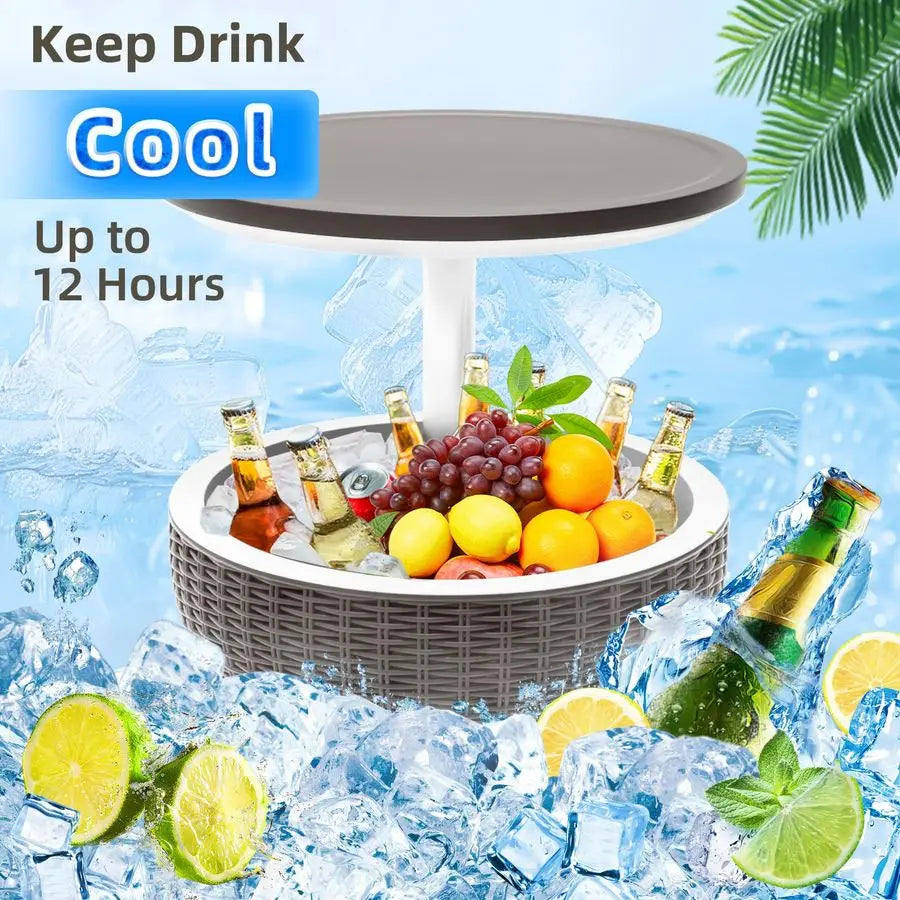 Patio Cool Bar Table, HeightAdjustable Outdoor Bar Tables 8 Gallon Beer and Wine Cooler, 3in1 Rattan Style Ice Cooler with Drai