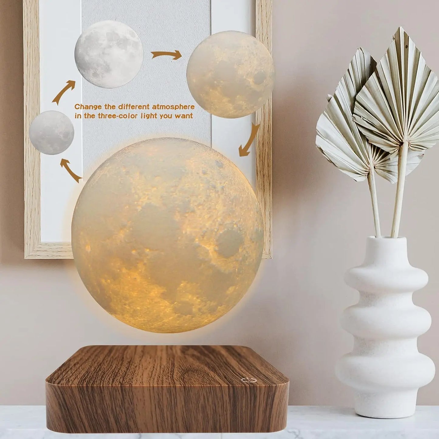 Mexllex Magnetic Rotating Moon Lamp With Wooden Base And 3 Color Temperature LED