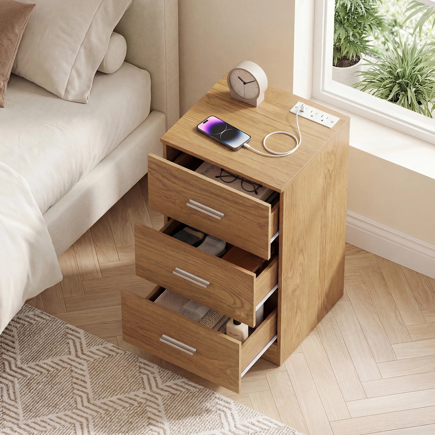 HOMASIS Nightstand With Charging Station And 3 Drawers
