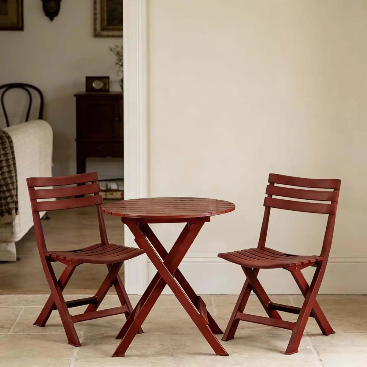 3-Piece Folding Bistro Set – Outdoor Patio Table and 2 Chairs, Wood Grain Finish, Red