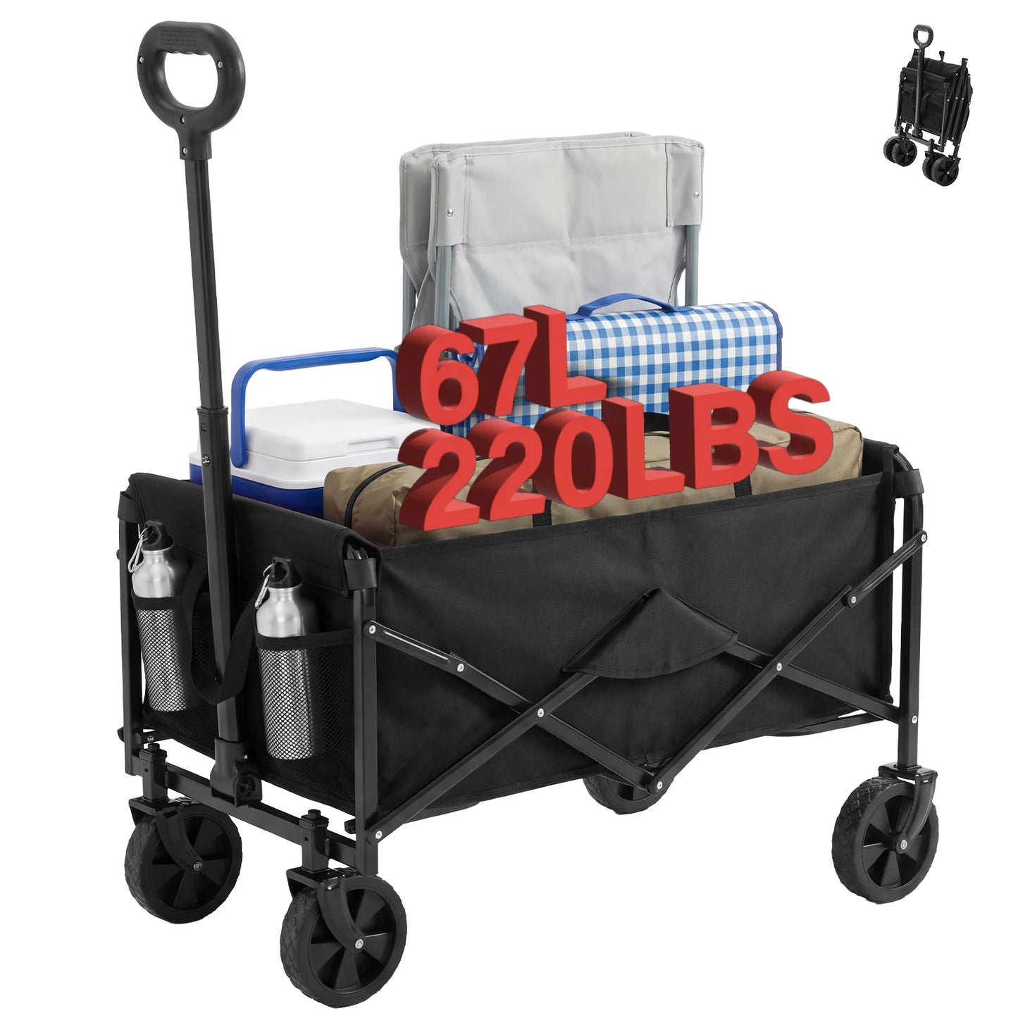 JHK 67L Heavy Duty Collapsible Wagon Cart Utility Folding Wagon with Wheels 220 lbs Weight CapacityFlexible Handle for Beach