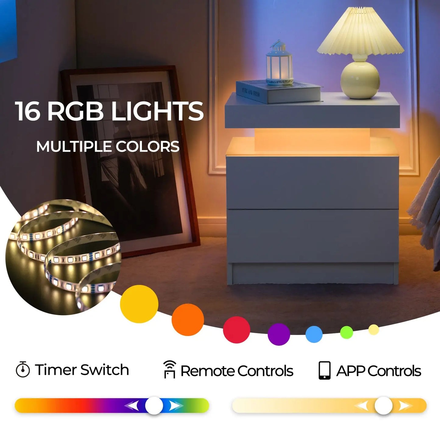 Cubehom Nightstand Set Of 2 With LED Light Two Drawers