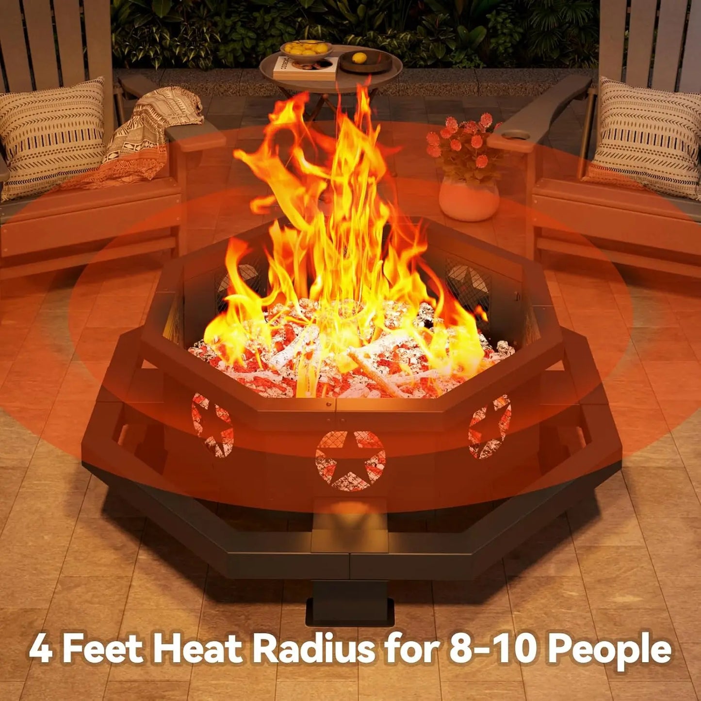 45 Inch Fire Pit for Outside Wood Burning, Outdoor Octagonal Fire Pit with Poker, Large Firepit for Camping, Backyard, Patio