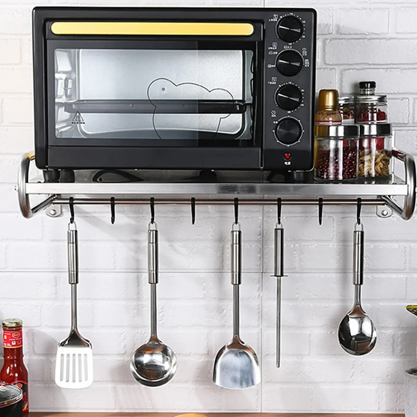 Stainless Steel Wall Mount Utensil Shelf With 6 Hooks