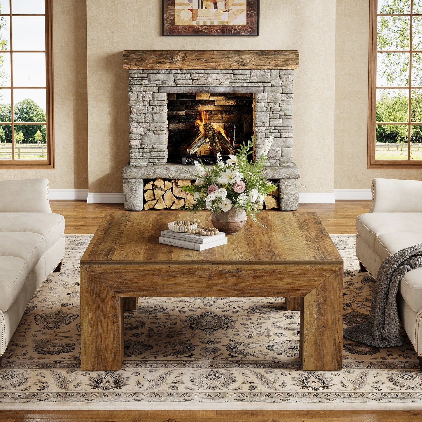 Tribesigns Farmhouse Square Coffee Table With Sturdy Wooden Legs