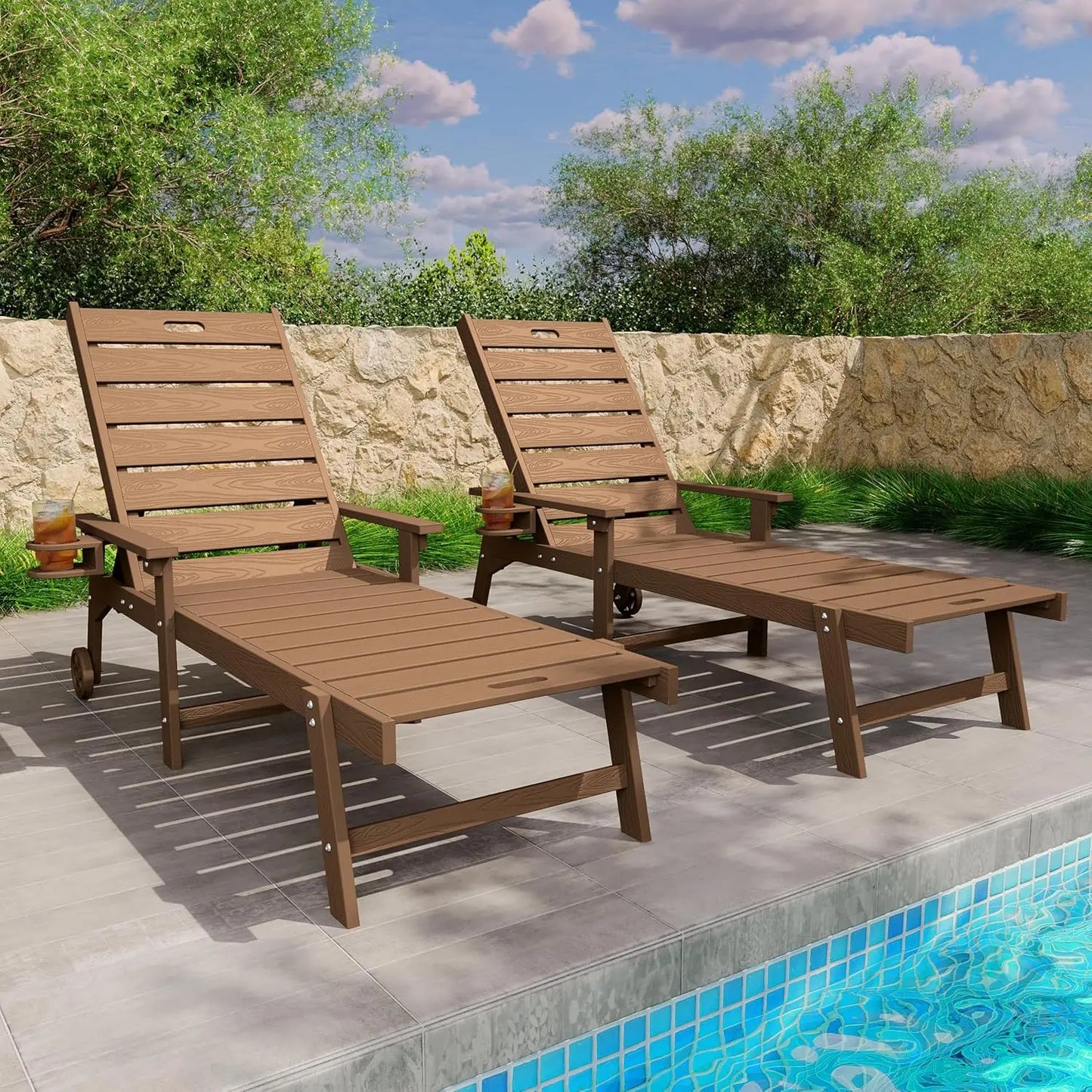 5-Level Adjustable All-Weather Outdoor Chaise Lounge Set of 2 with Cup Holders & Wheels for Patio Beach Deck, Custom