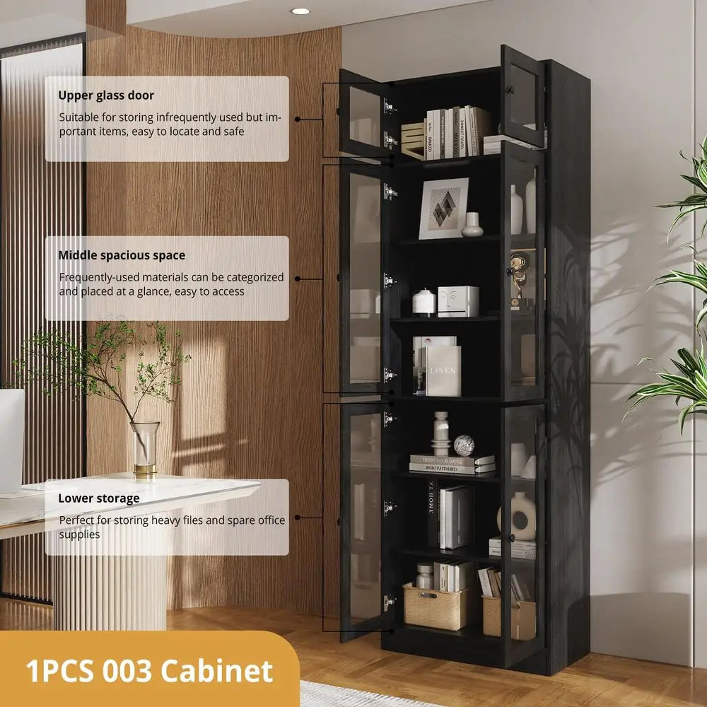 85.5 Tall Wooden Bookshelf, 7 Tier Book Shelf with Glass Doors and Shelves, DIY Large Bookcase, Curio Cabinets with Storage, Mo