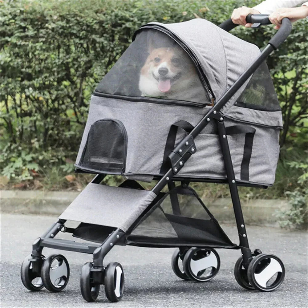 Foldable Pet Dog Stroller With Four Wheels And Rain Cover