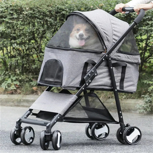 Foldable Pet Dog Stroller With Four Wheels And Rain Cover