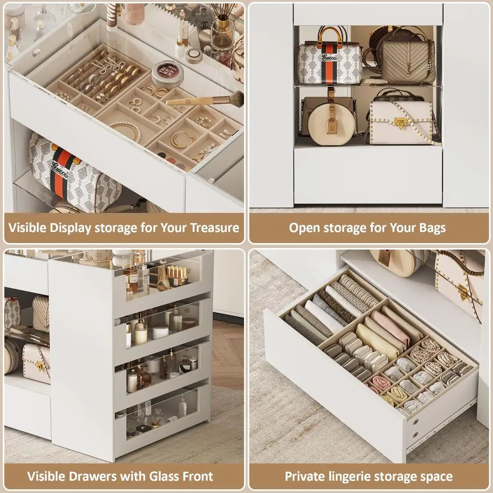 Closet Island with Drawers, Wardrobe Armoire Bedroom Island, Glass Display Shelf amp 12 Drawers, White Dresser with Glass Top,