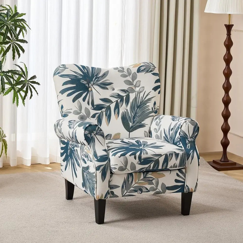 ern Accent Chair,High Back Armchair,Upholstered abric Button Single Soa with Wooden Legs or Living Room,Bedroom,Blue Leaves