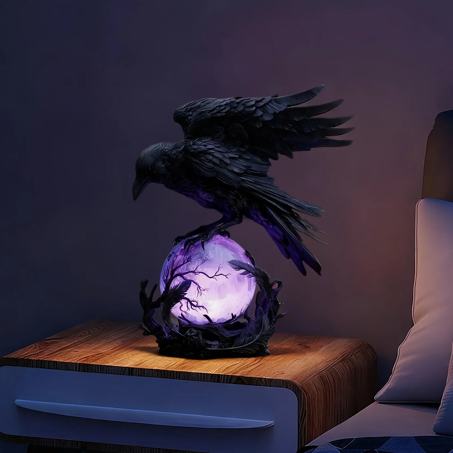Illuminated Raven Sculpture - A Gothic Light, Showcasing A Raven Perched on A Bright Sphere. an Ideal Outdoor Lamp for Moonlit