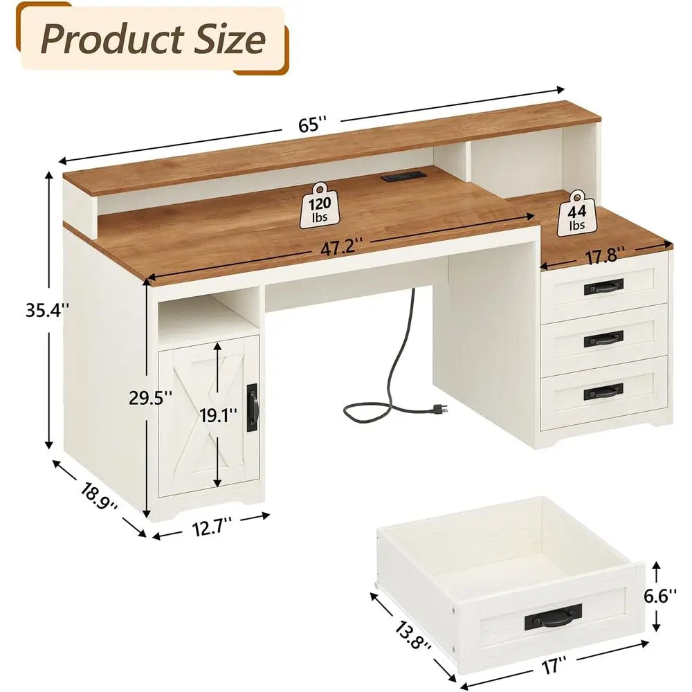 Computer Desk With Drawers Power Outlets Storage Cabinet Printer Stand