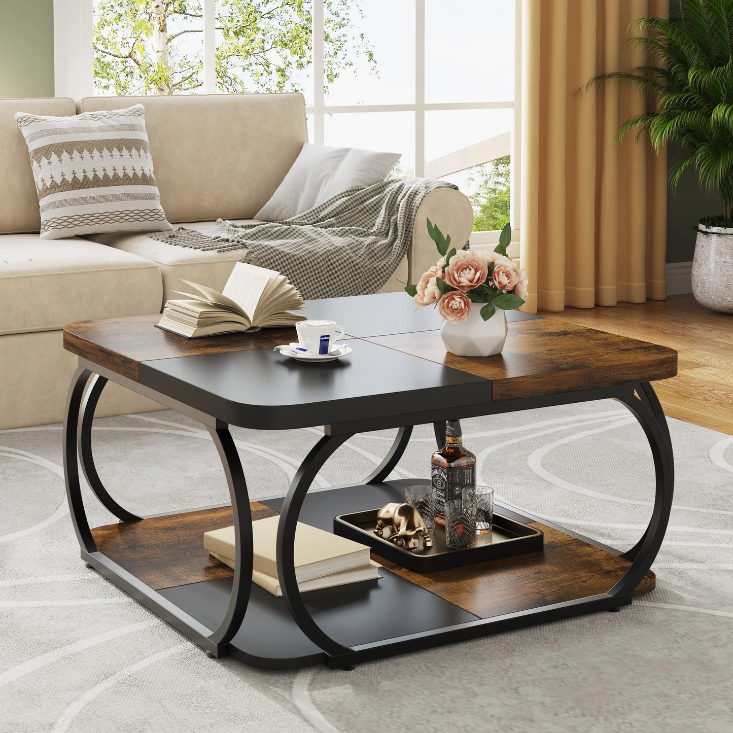 Tribesigns Square Coffee Table With Two Tiers And Metal Frame