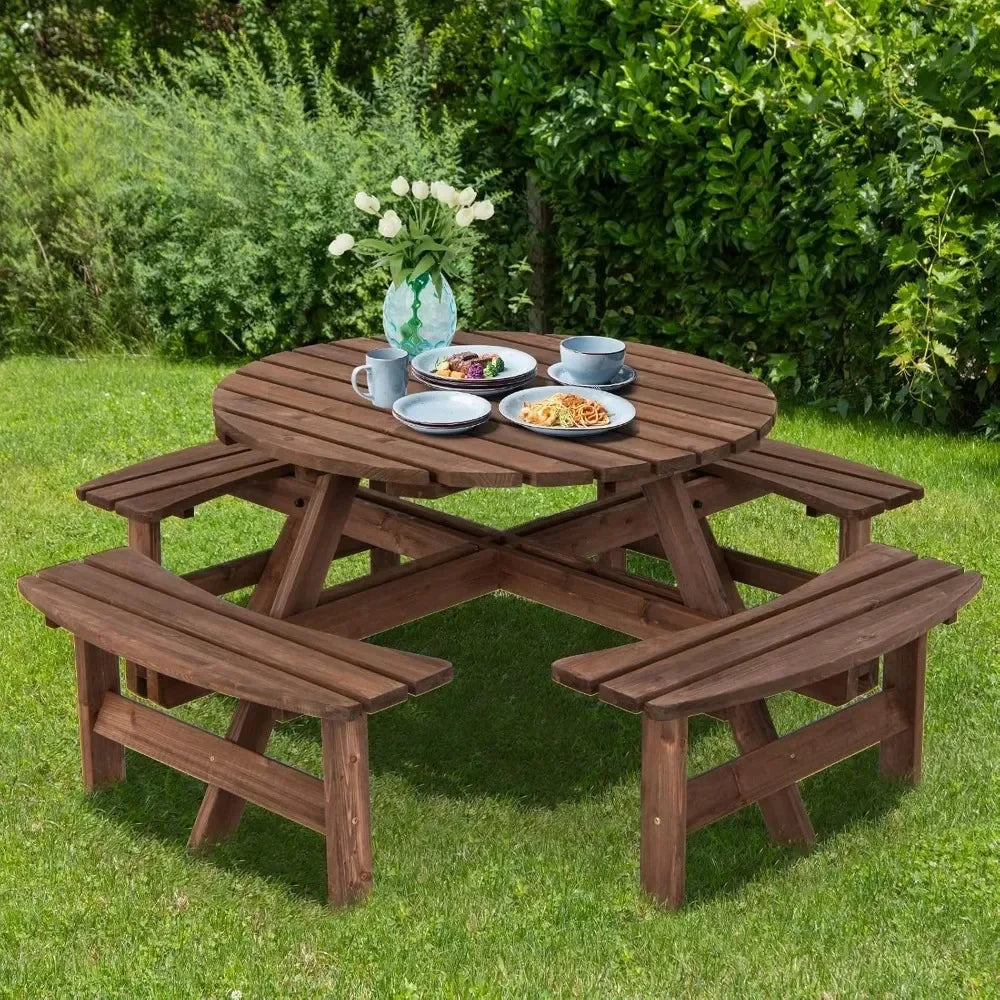 Outdoor Fir Wood Picnic Table Set With Benches And Umbrella Hole