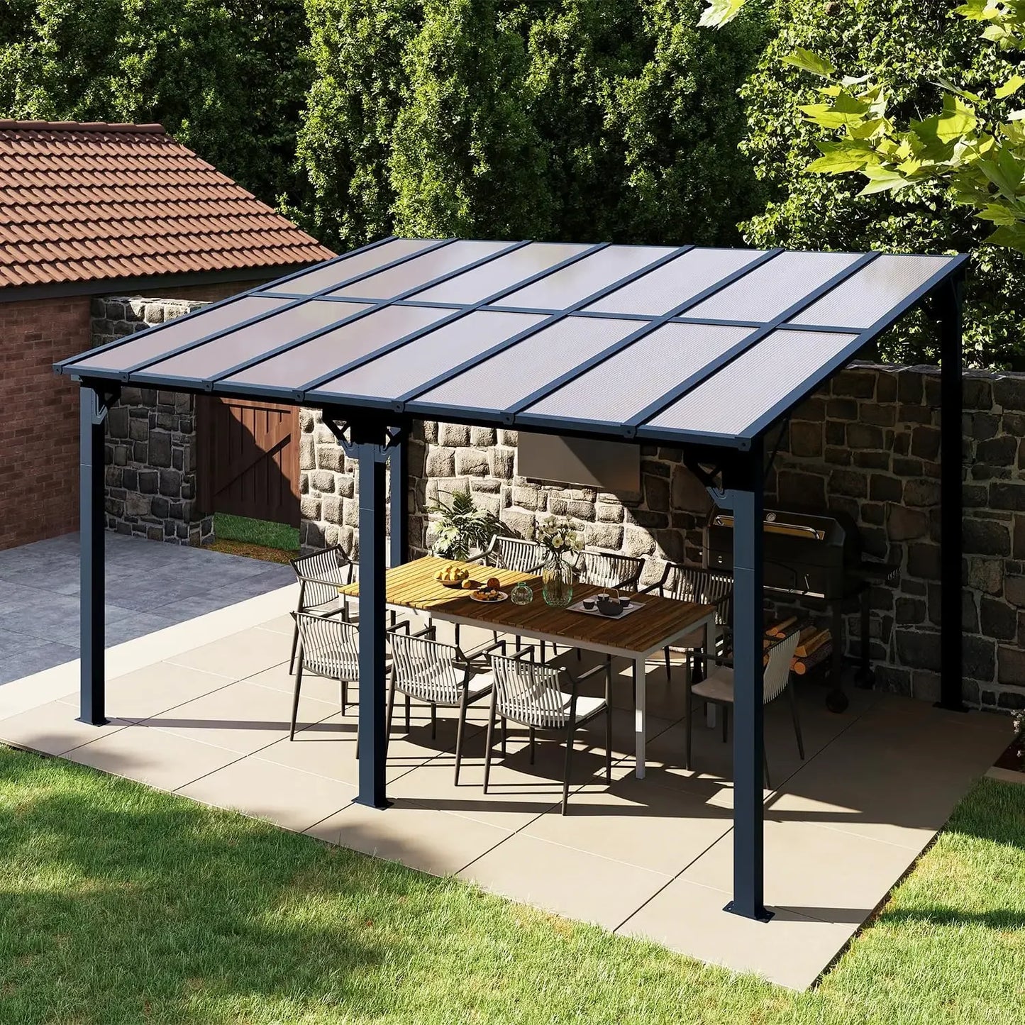 Aoxun Premium Gazebo, Wall Mounted Gazebos Pergola, Outdoor Patio Lean to Gazebo, Awnings with Sloped Roof, for Backyard, Porch