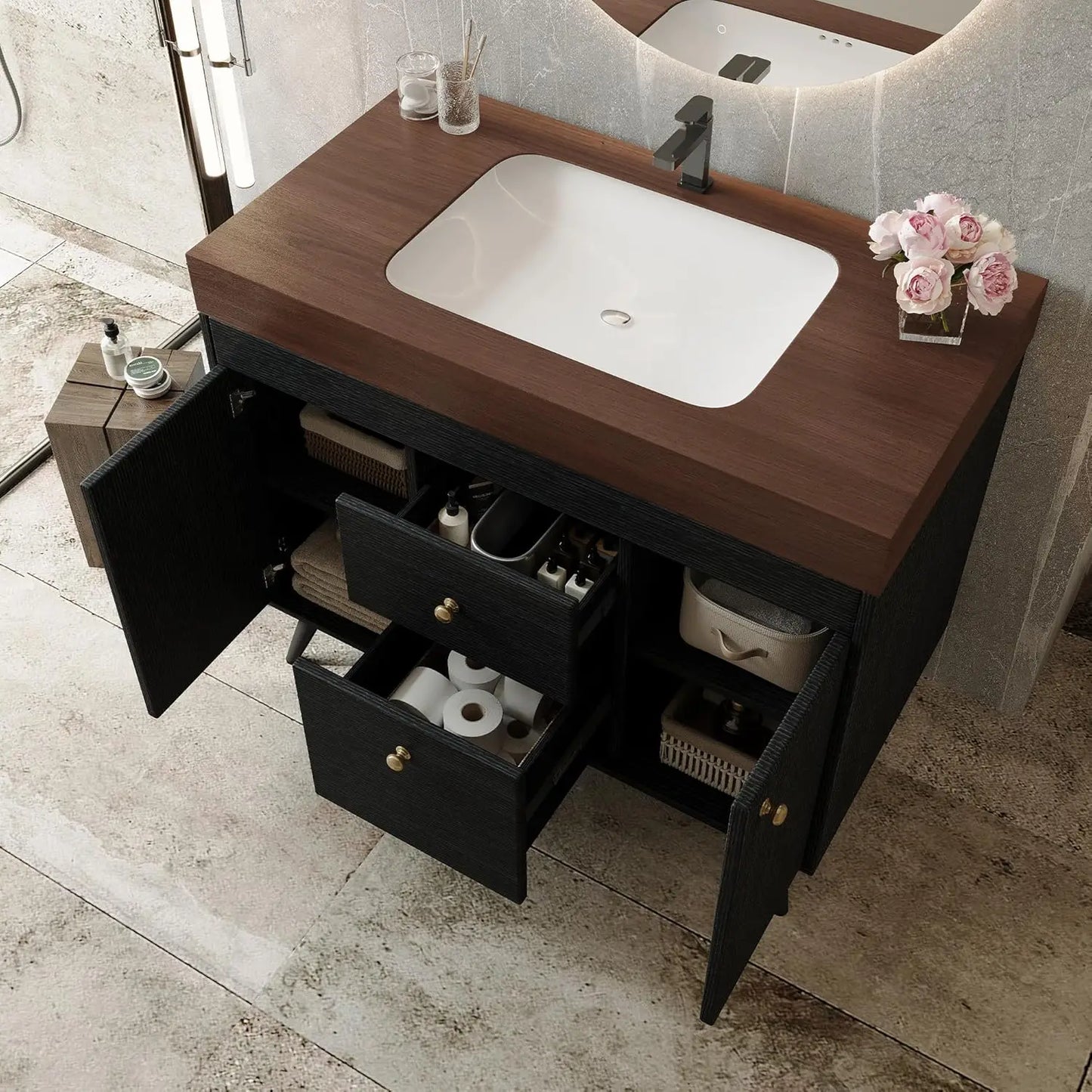 36" Freestanding Bathroom Vanity, Black & White | Ceramic Sink, Faux Marble Top, 5 Drawers, 2 Soft-Close Doors Cabinet, Custom