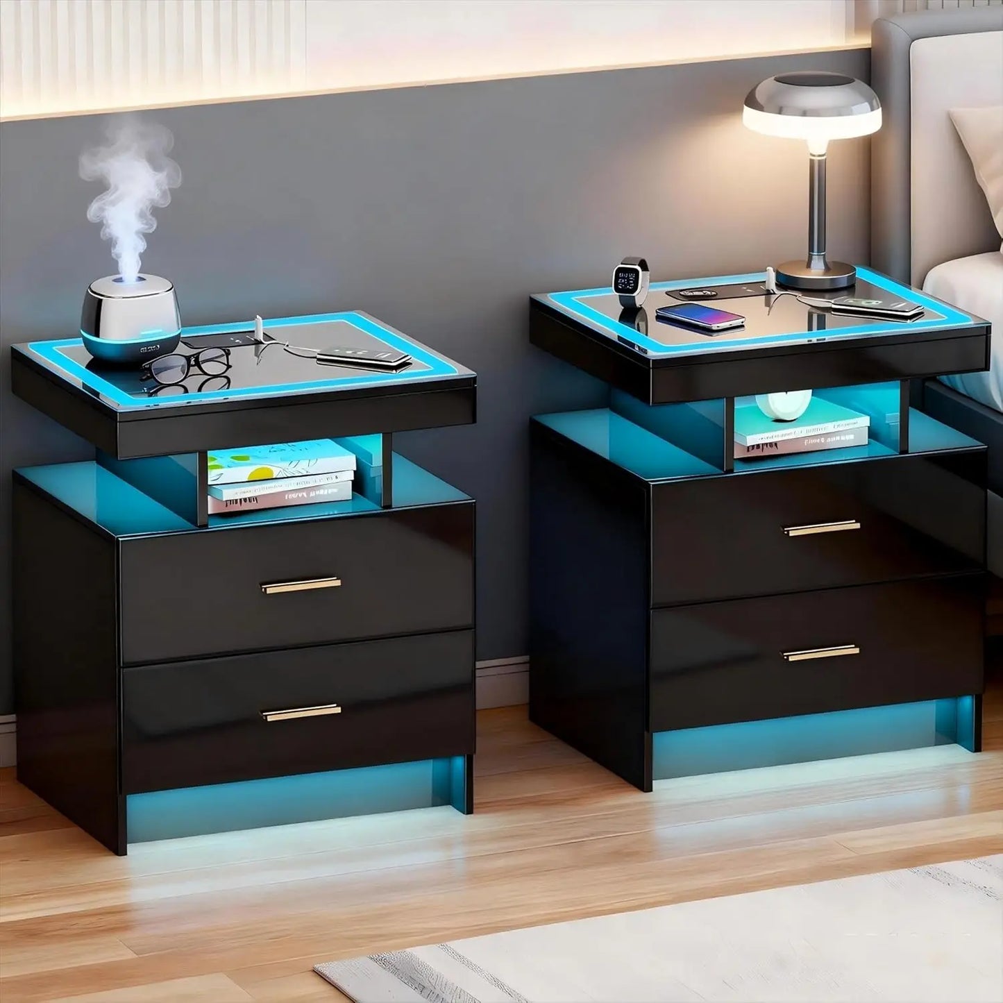 Nightstand With Wireless Charging And Auto Sensor LED End Table