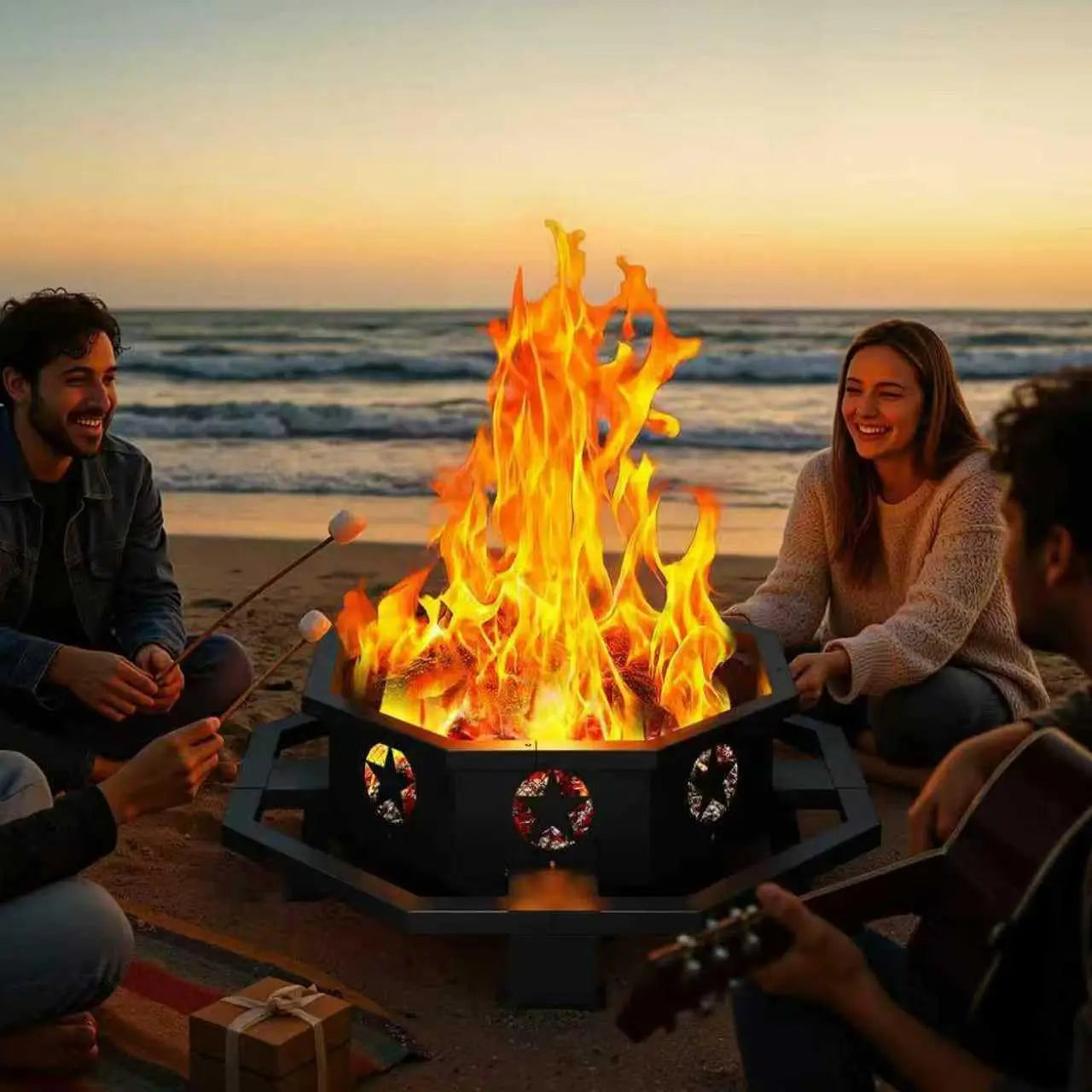 45 Inch Fire Pit for Outside Wood Burning, Outdoor Octagonal Fire Pit with Poker, Large Firepit for Camping, Backyard, Patio