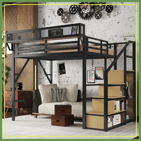 Metal Loft Bed With Stairs And Wardrobe Storage Shelves