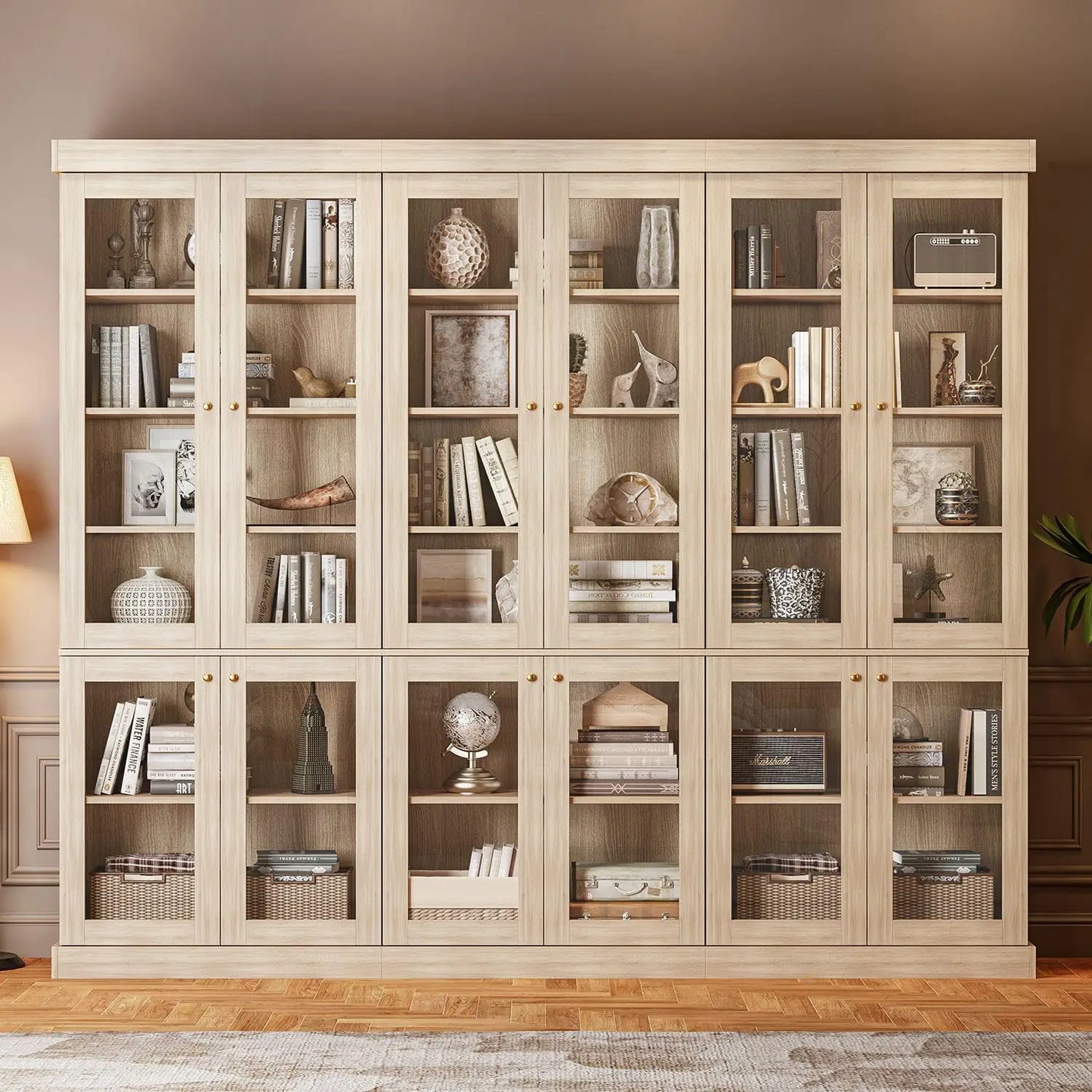 70.8" Bookshelf with Glass Doors, Farmhouse Modular Bookcase with 6-Tier Adjustable Shelves, Large Storage Cabinet, Customized