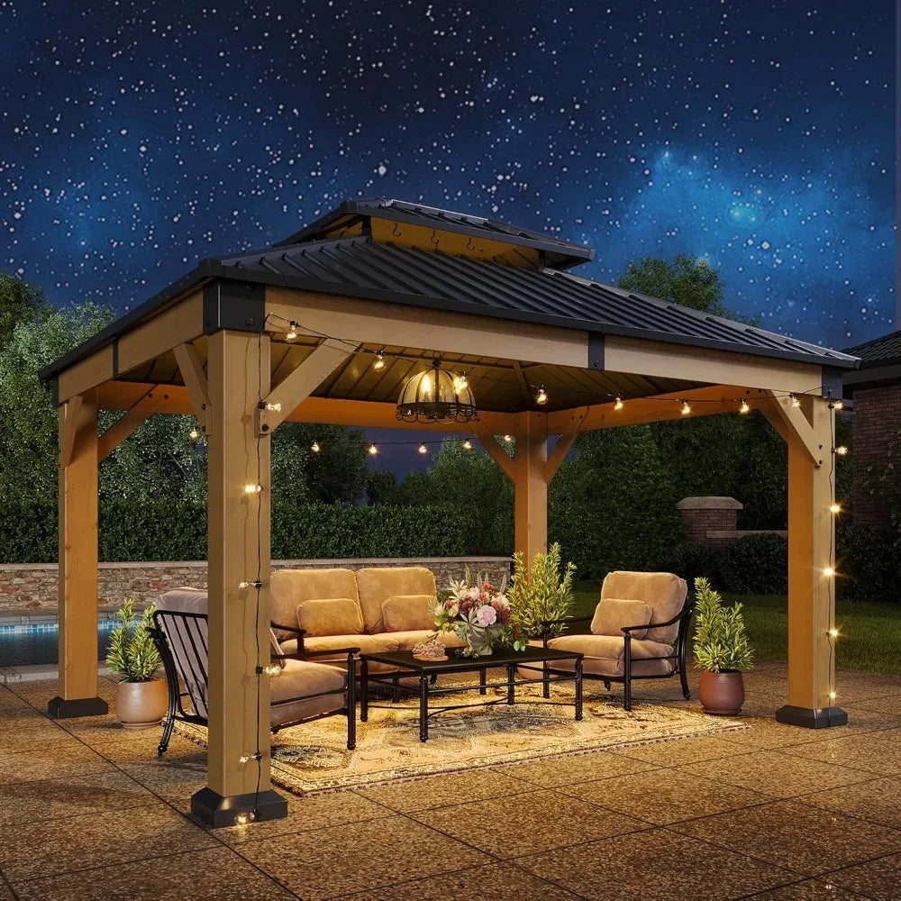10x12 Outdoor Wooden Gazebo Hardtop Galvanized Steel Double Roof Patio Garden Deck Cedar Natural Custom