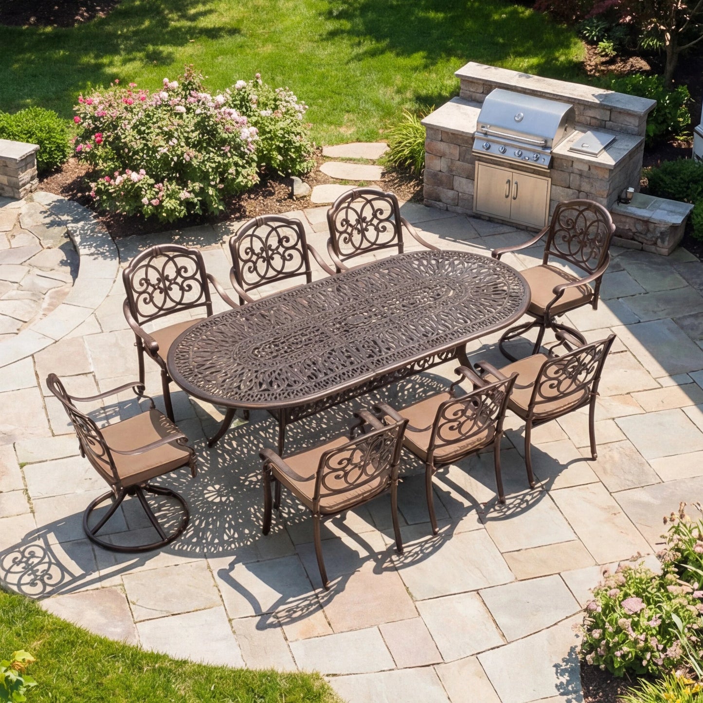 9-Piece Outdoor Patio Dining Set for 8 with Umbrella Hole, 86.6" Oval Cast Aluminum All-Weather Outdoor Table and Chairs with Cu