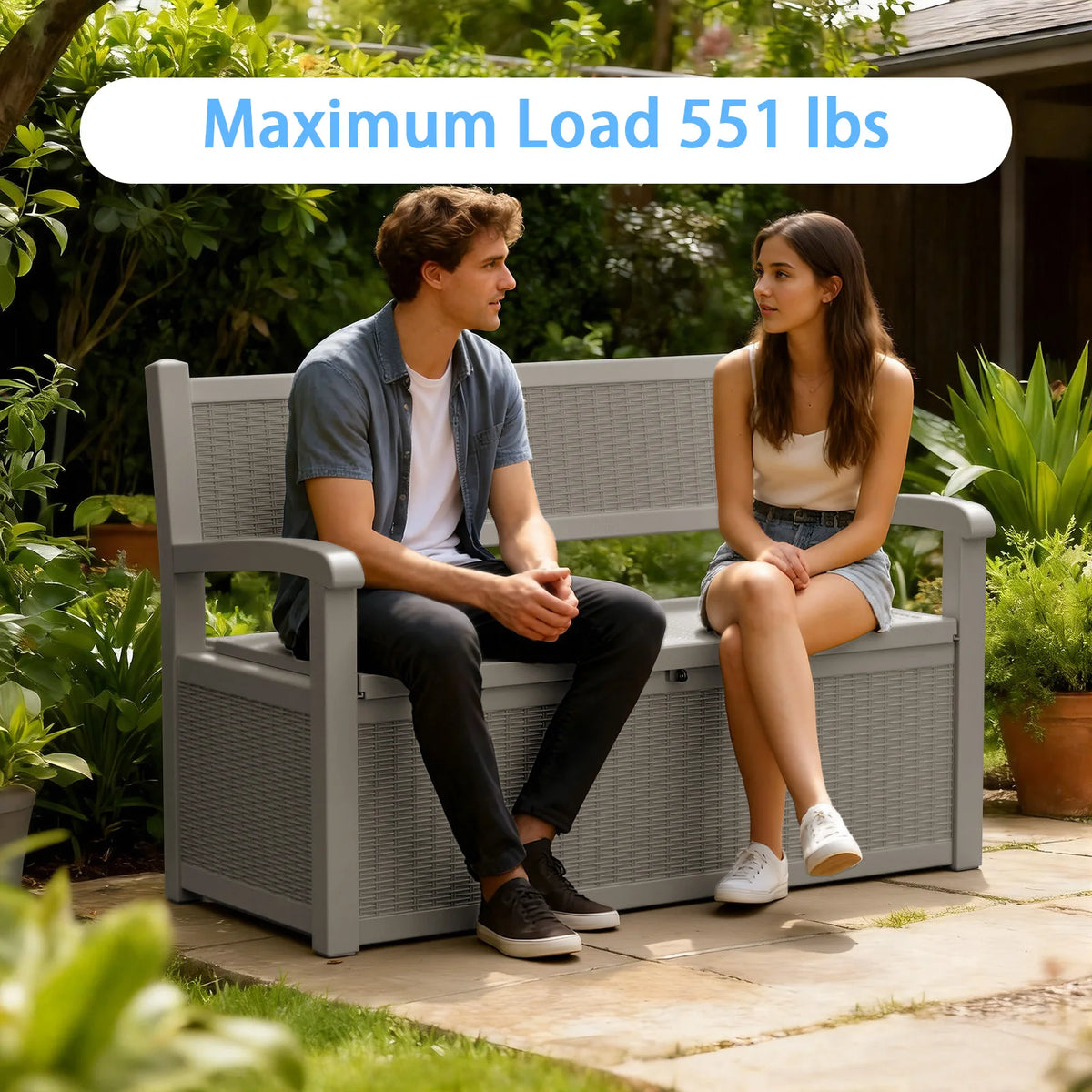 Outdoor Rattan Look Resin Storage Bench for Patio Gardens