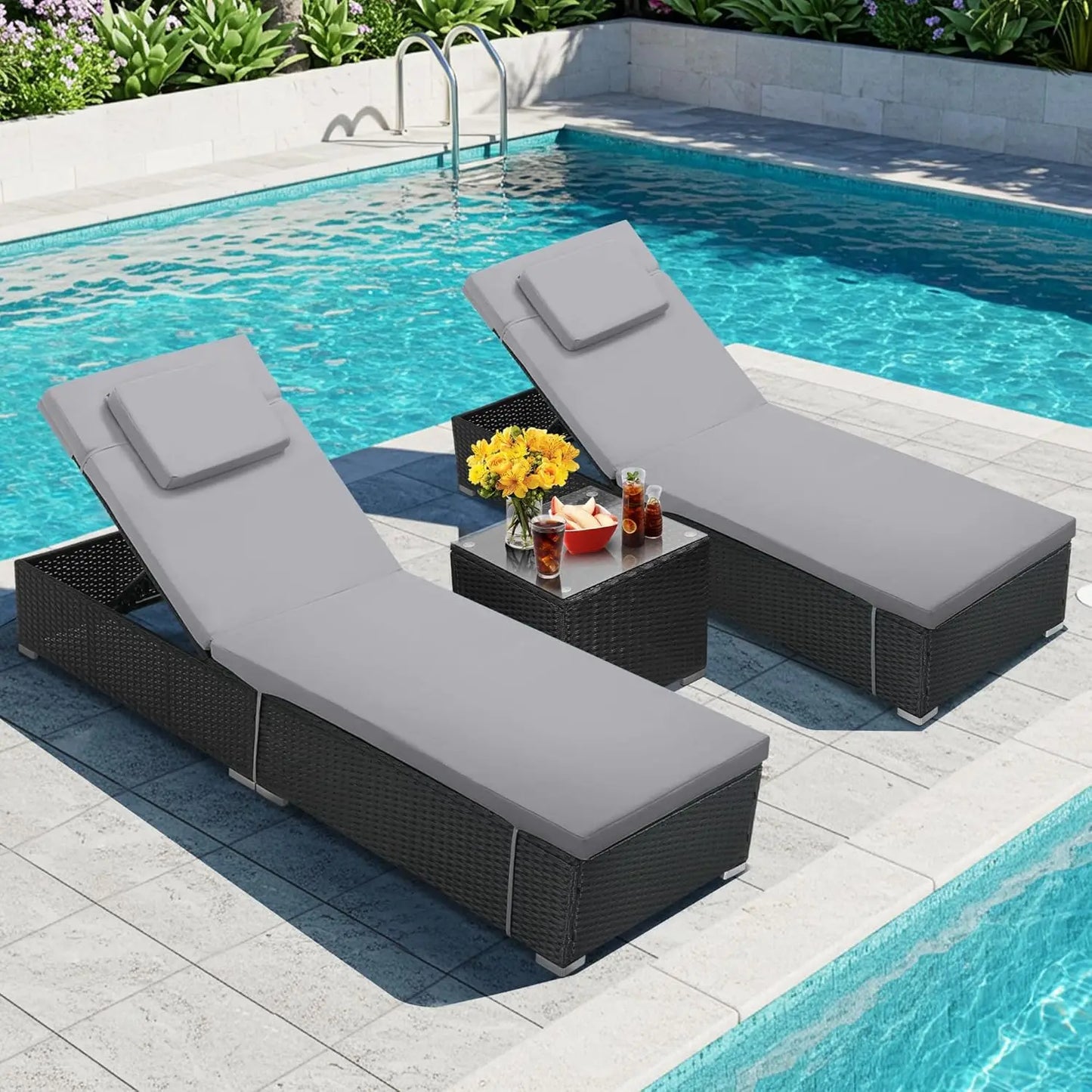 All-Weather Wicker Adjustable Chaise Lounge Set w/ Side Table Washable Cushion for Patio Pool Beach 2pcs Light Blue, Custom