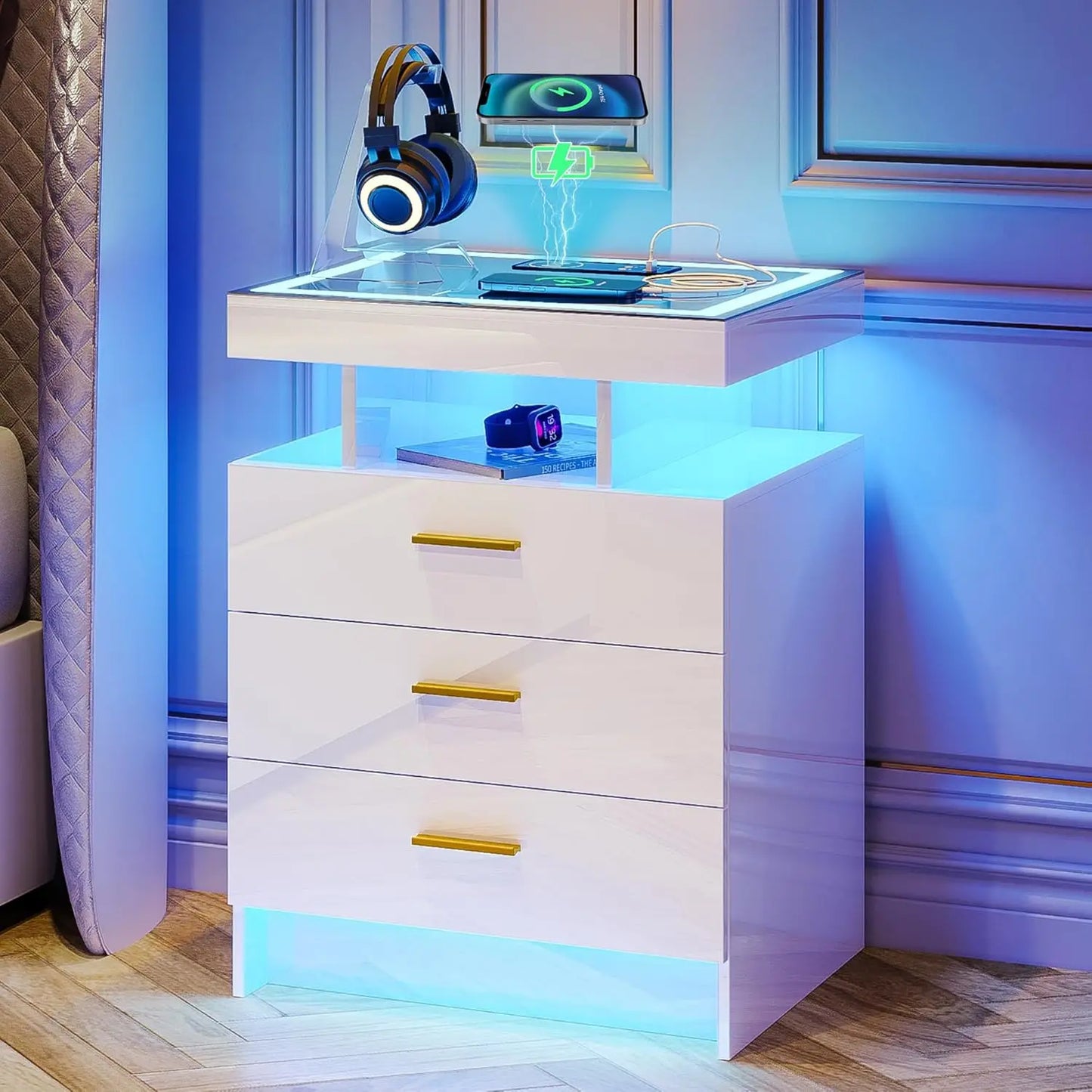 Nightstand With Wireless Charging And Auto Sensor LED End Table