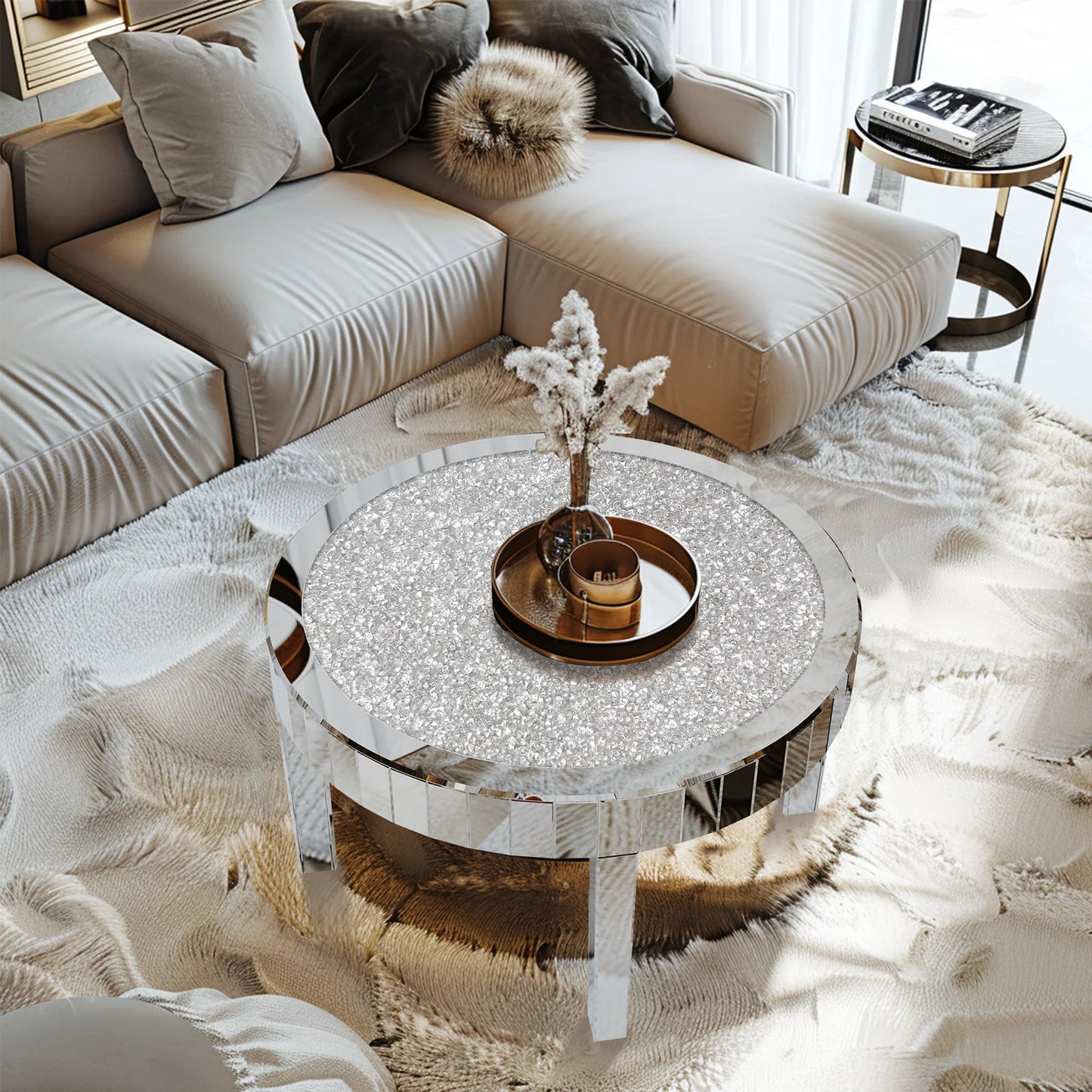 Mirrored Coffee Table With Crystal Inlay Modern Glass Surface