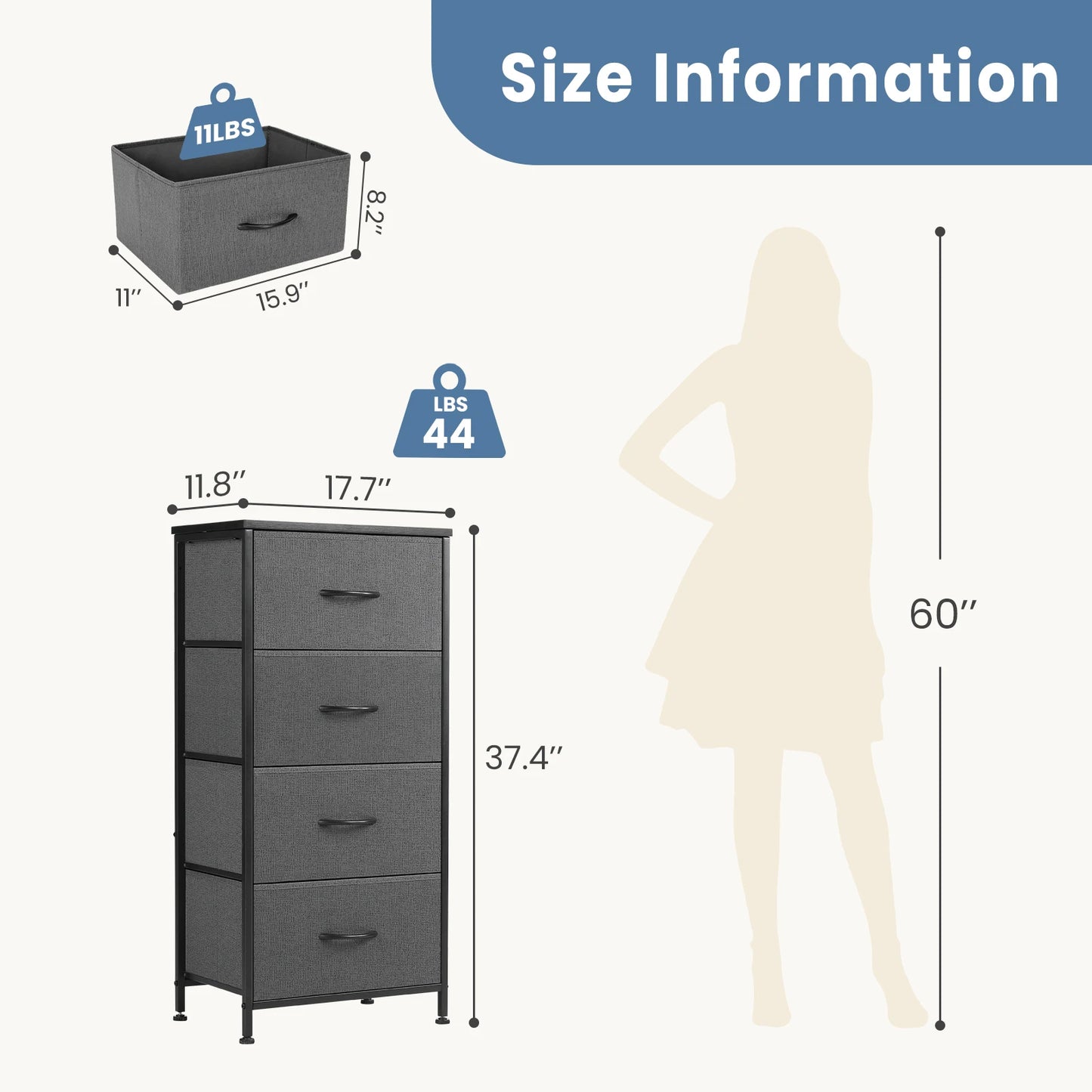 JHK Modern Dresser Nightstand Wardrobe With Four Fabric Drawers