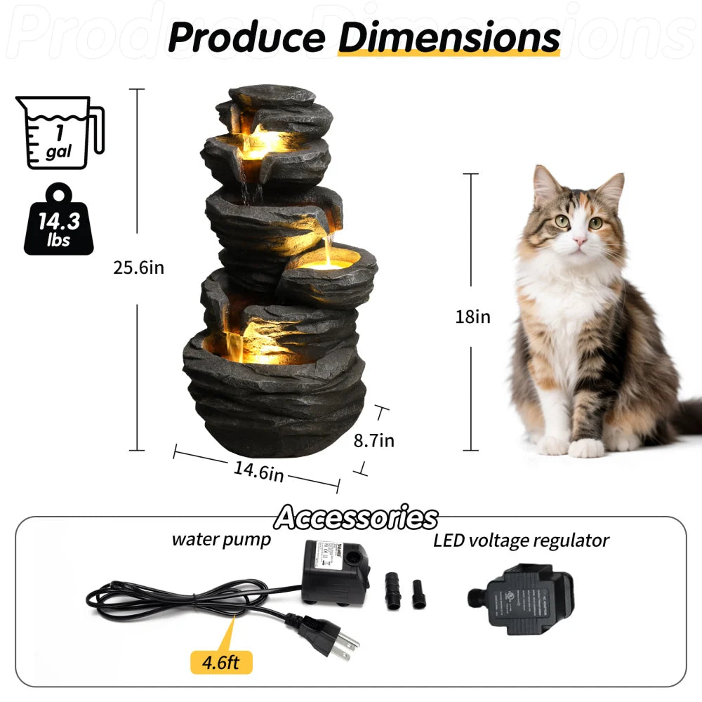 Outdoor Waterfall Fountain with Lights Stacked Rock Cascading Water Feature Resin Garden Decor for Patio Yard Porch Landscape