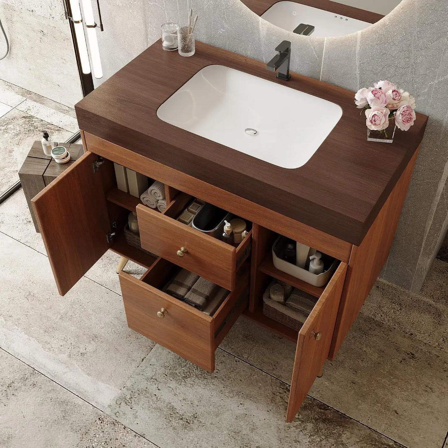 36" Freestanding Bathroom Vanity, Black & White | Ceramic Sink, Faux Marble Top, 5 Drawers, 2 Soft-Close Doors Cabinet, Custom