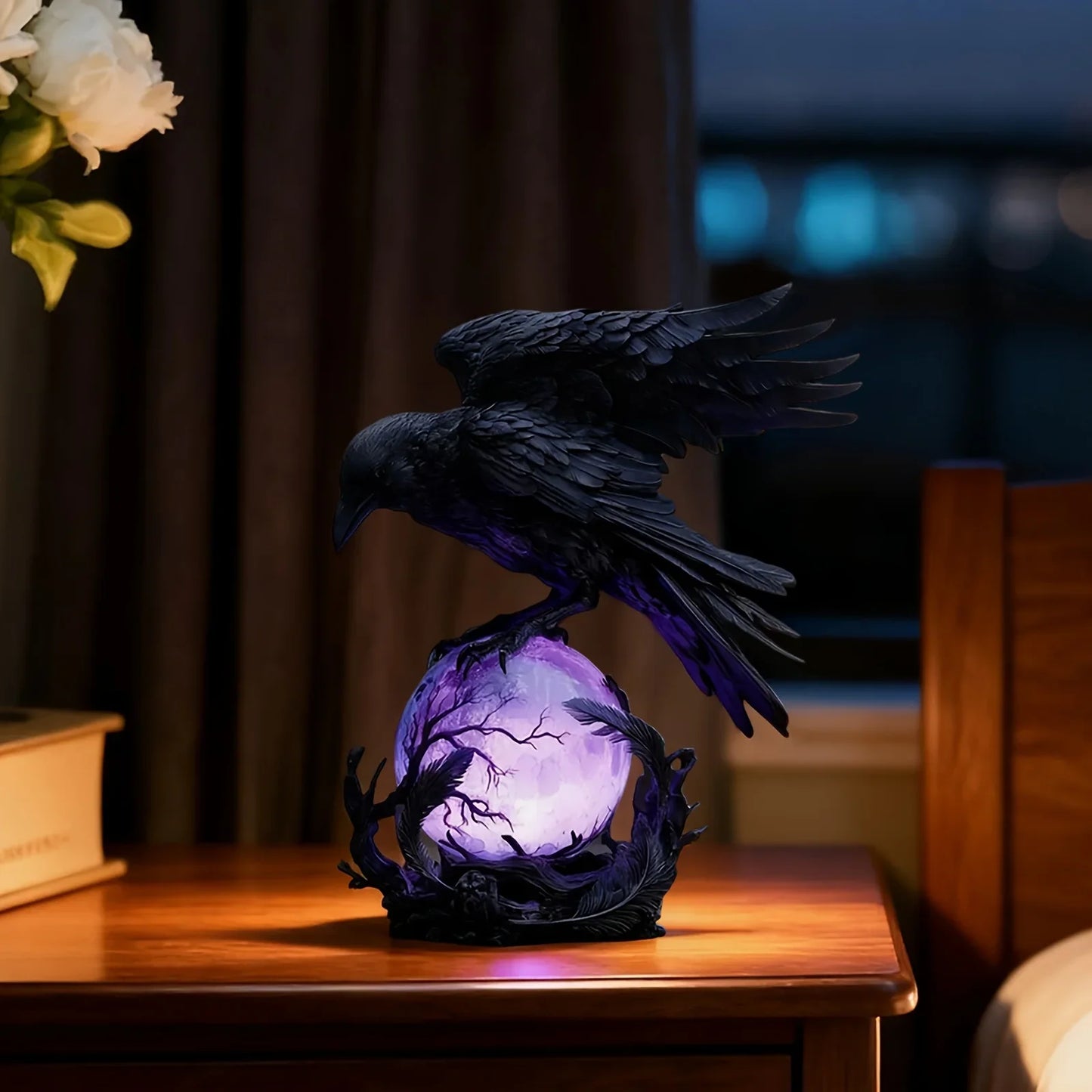 Illuminated Raven Sculpture - A Gothic Light, Showcasing A Raven Perched on A Bright Sphere. an Ideal Outdoor Lamp for Moonlit