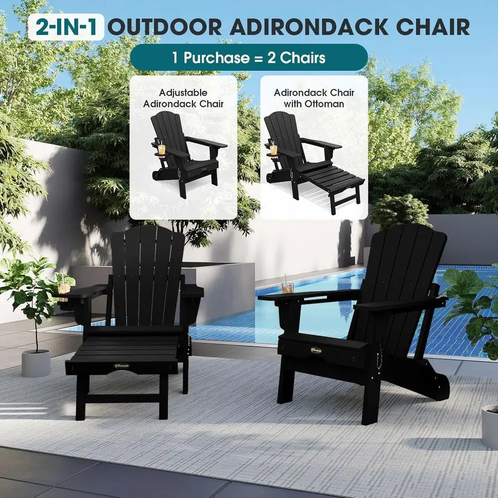 Outdoor Folding Adirondack Chair With Ottoman And Cup Holder