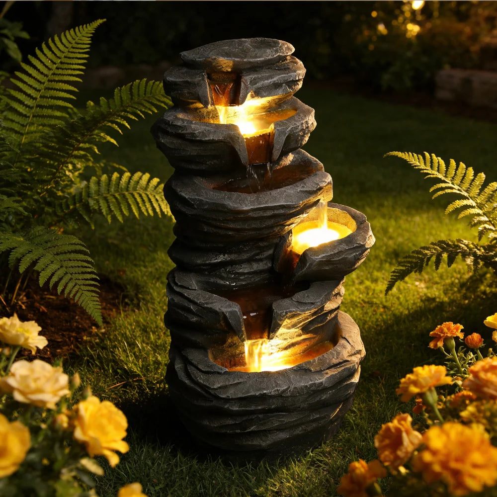Outdoor Waterfall Fountain with Lights Stacked Rock Cascading Water Feature Resin Garden Decor for Patio Yard Porch Landscape